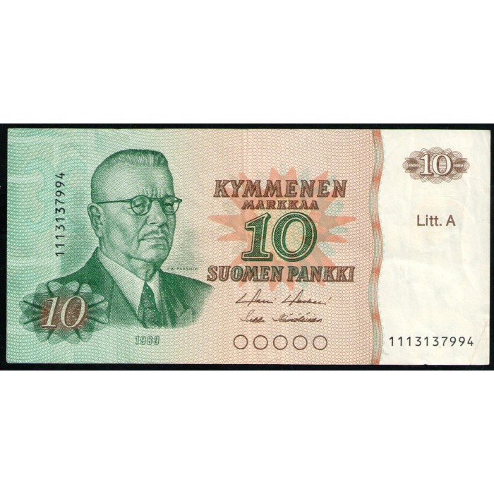 Финляндия 10 марок 1980 год Юхо Кусти Паасикиви Финский политик