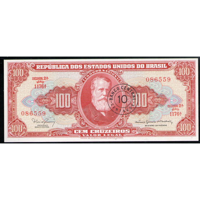 Бразилия 10 сентаво 1967 UNC Надпечатка на 100 крузейро 