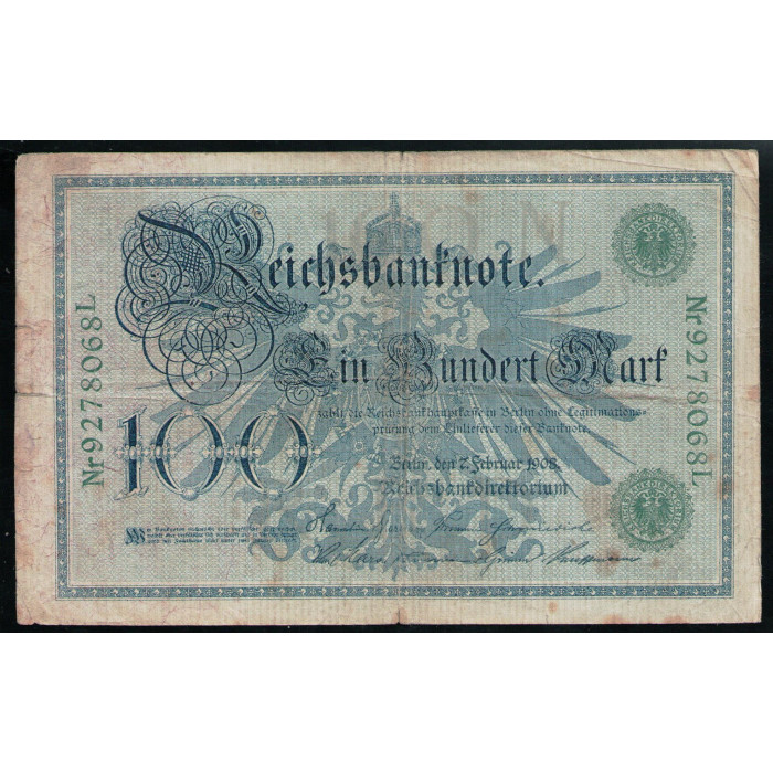 Германия 100 Марок 1908 год Зелёная печать