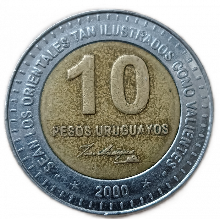 Уругвай 10 Песо 2000 год 150 лет со дня смерти генерала Хосе Артигаса Биметалл