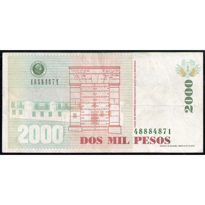 Колумбия 2000 песо 1999 год VF Генерал Франсиско де Паула Сантандер Здание монетного двора Каса де Монеда