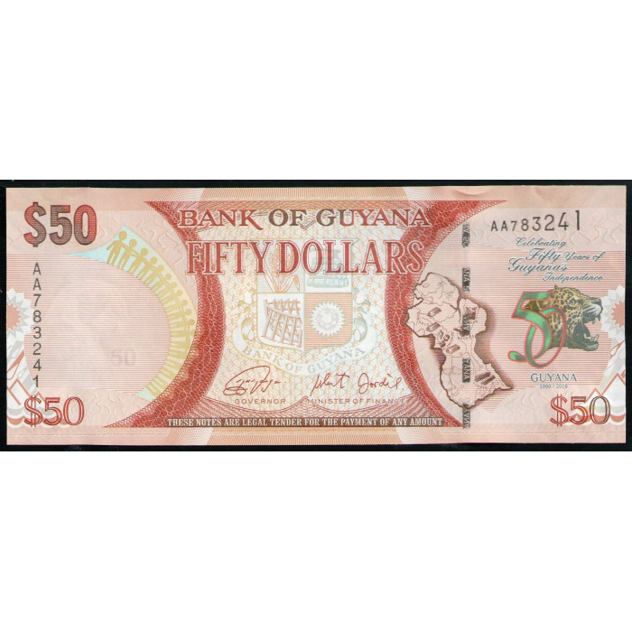 Гайана 50 долларов 2016 год UNC 50 лет независимости Гайаны 