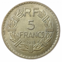 Франция 5 Франков 1938 год Для Алжира