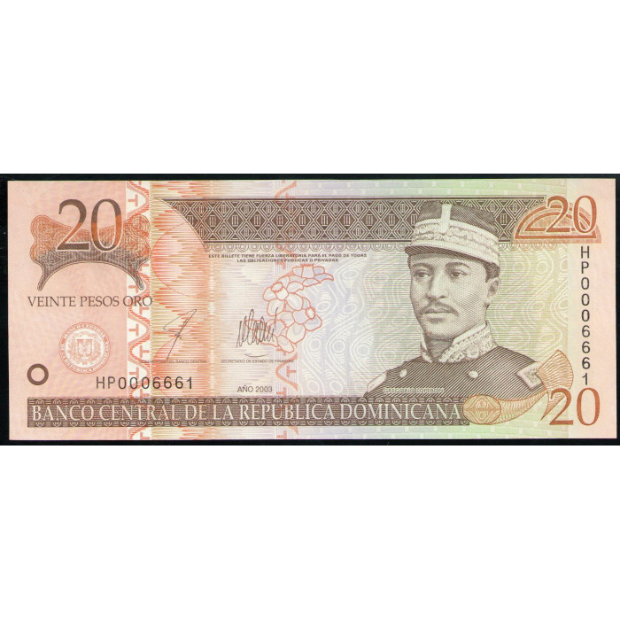 Доминикана 20 Песо 2003 год UNC Грегорио Луперон Национальный Пантеон