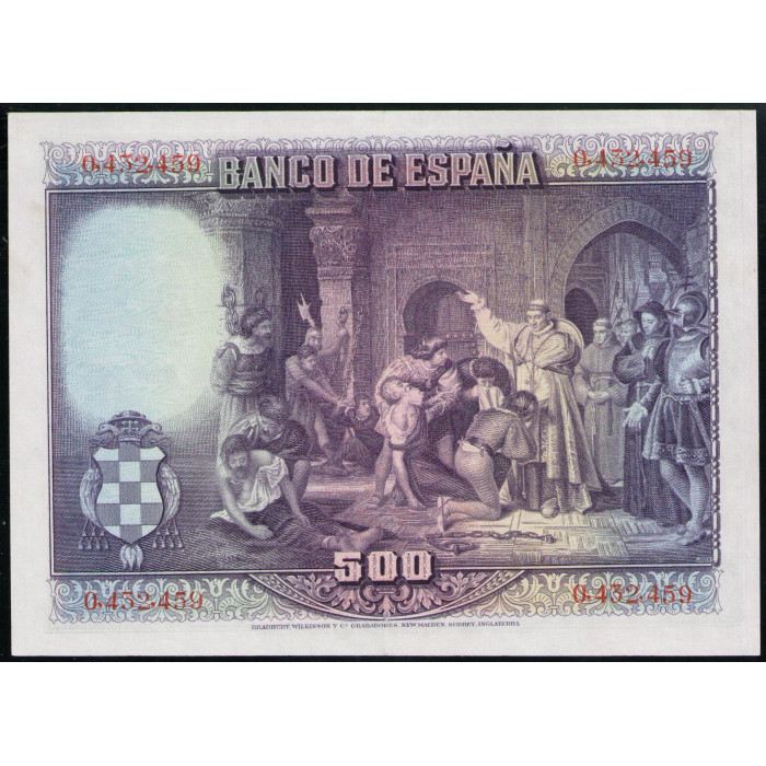 Испания 500 Песет 1928 год XF Кардинал Франсиско Сиснерос Кафедральный собор Толедо Освобождение пленников 