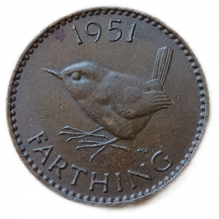 Великобритания 1 Фартинг 1951 год, Птица Крапивник , Король Георг 6