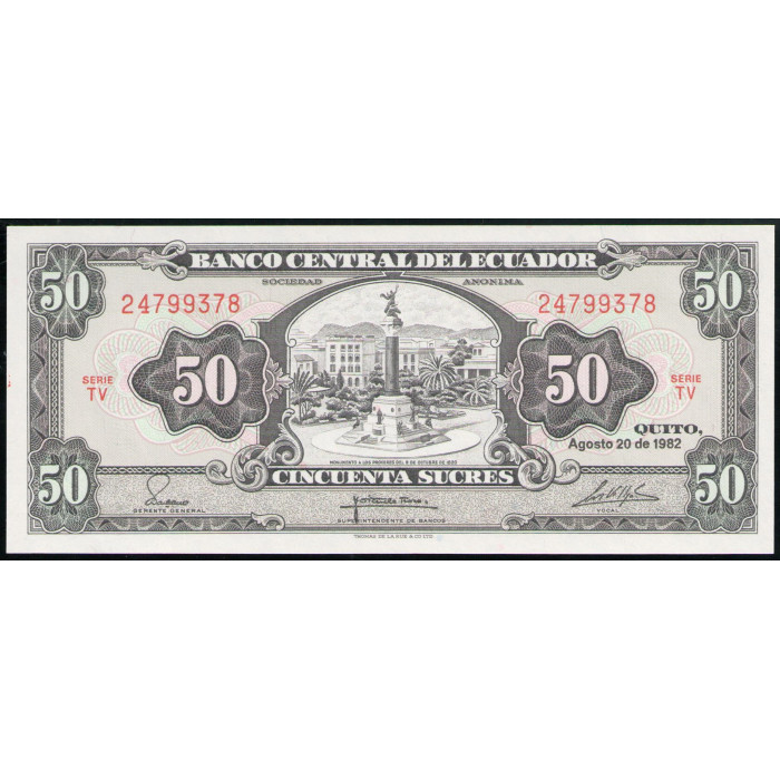 Эквадор 50 Сукре 1982 год UNC Памятник героям Кито 