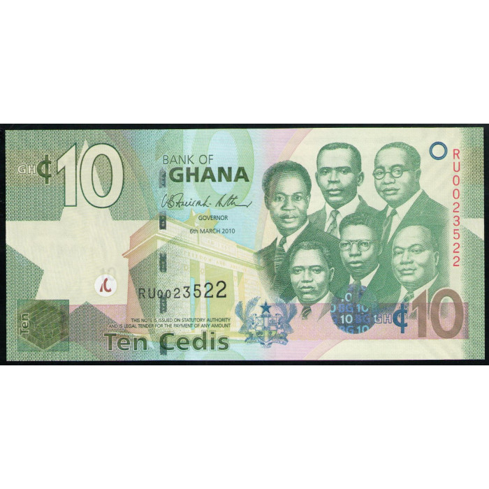 Гана 10 Седи 2010 год UNC Арка независимости Большая шестерка Шесть лидеров Ганы Здание Банка Ганы Аккра