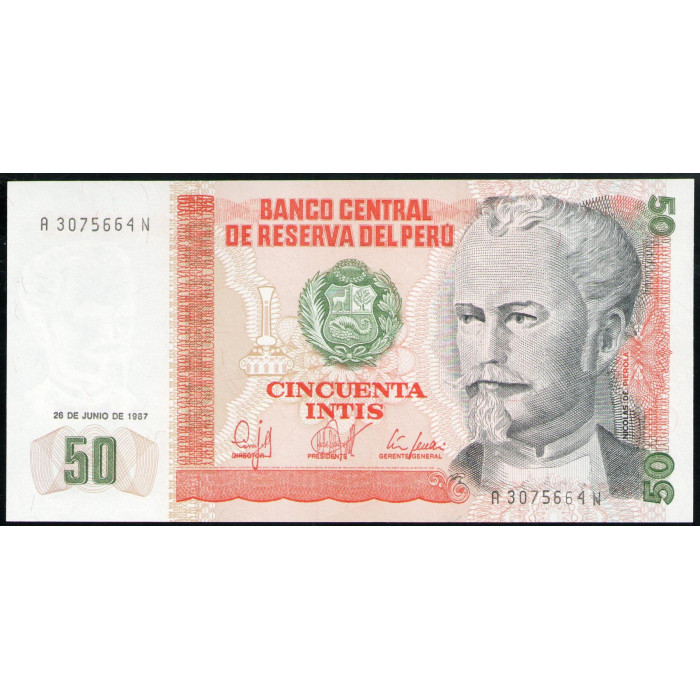 Перу 50 Инти 1987 год UNC Николас де Пьерола Перуанский политик Буровая установка