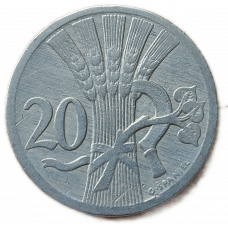 Чехословакия 20 Геллеров 1924 год Серп Колосья Оливковая ветвь
