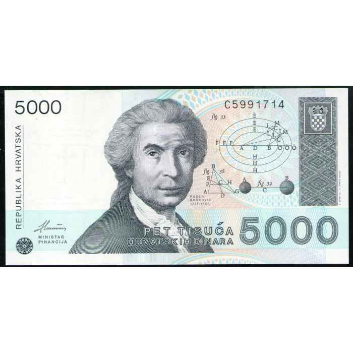 Хорватия 5000 Динар 1992 год UNC Хорватский ученый Руджер Бошкович История Хорватии Скульптура Ивана Мештровича