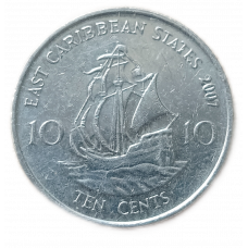 Восточные Карибы 10 центов 2007 год Золотая лань Военный корабль Королева Елизавета 2