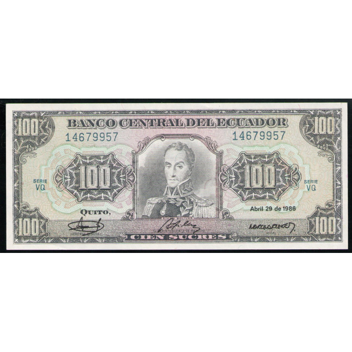 Эквадор 100 Сукре 1986, АUNC, Симон Боливар
