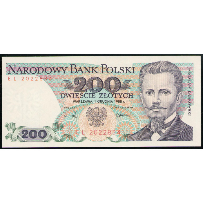 Польша 200 Злотых 1988 год UNC Ярослав Домбровский Русский революционер Памятник погибшим 