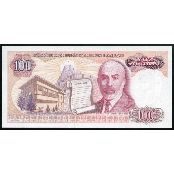 Турция 100 Лир 1984 год UNC Президент Мустафа Кемаль Ататюрк Поэт Мехмед Акиф Эрсой