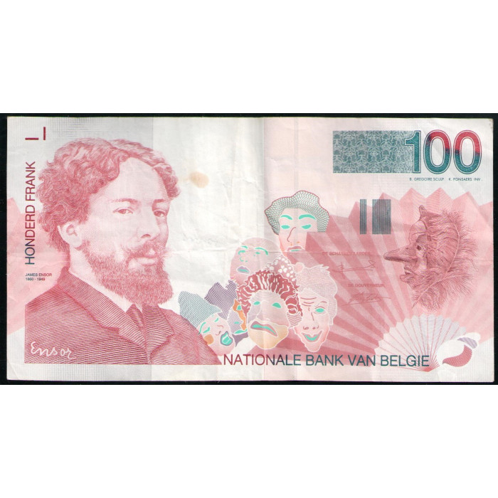 Бельгия 100 Франков 1995 год  Художник Джеймс Энсор Театральные маски Пляжная сцена