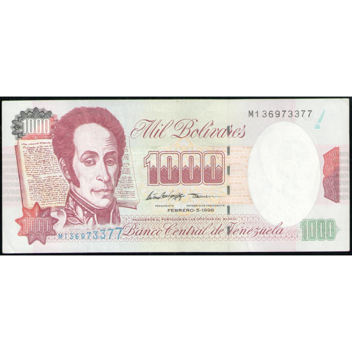Венесуэла 1000 Боливар 1998 год , VF, Симон Боливар, Подписание Декларации независимости