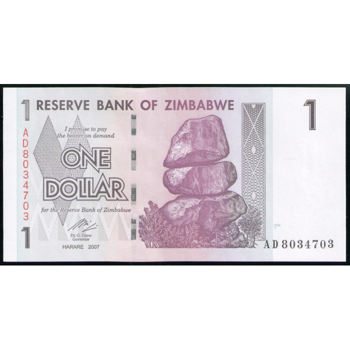 Зимбабве 1 Доллар 2007 год UNC Балансирующие скалы Чиремба Водопад Виктория Бык
