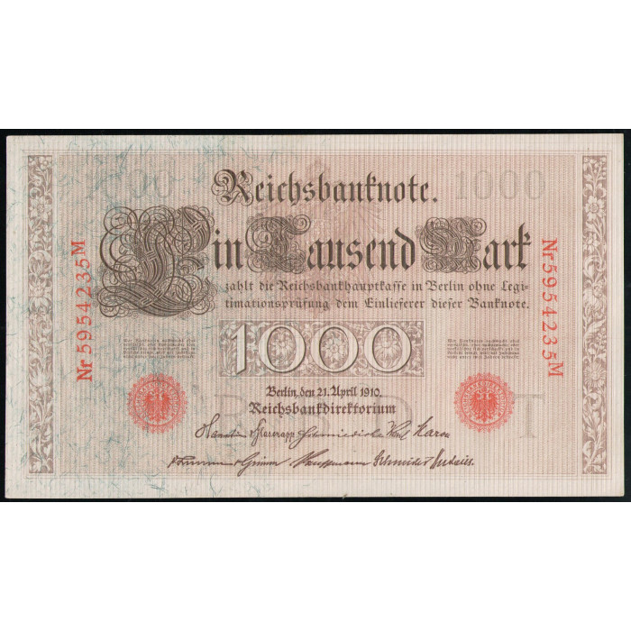 Германия 1000 Марок 1910 год XF Красная печать