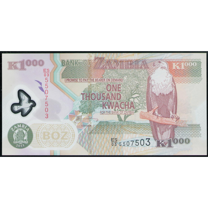 Замбия 1000 Квача 2011 год , UNC , Рыбий орел, Трубкозуб , памятник Свободе , Лусака