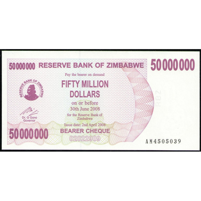 Зимбабве 50000000 Долларов 2008 год, UNC , Чек на предъявителя , Слоны