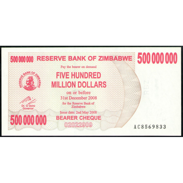 Зимбабве 500000000 Долларов 2008 год UNC , Чек на предъявителя , Тигровая рыба, плотина Кариба