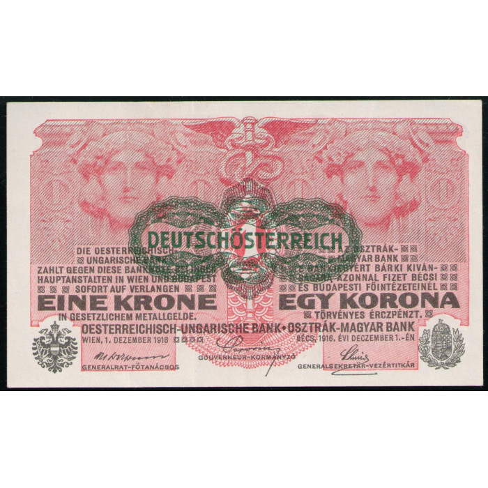 Австрия 1 Крона 1919 год , XF, Надпечатка на 1 кроне 1916 года