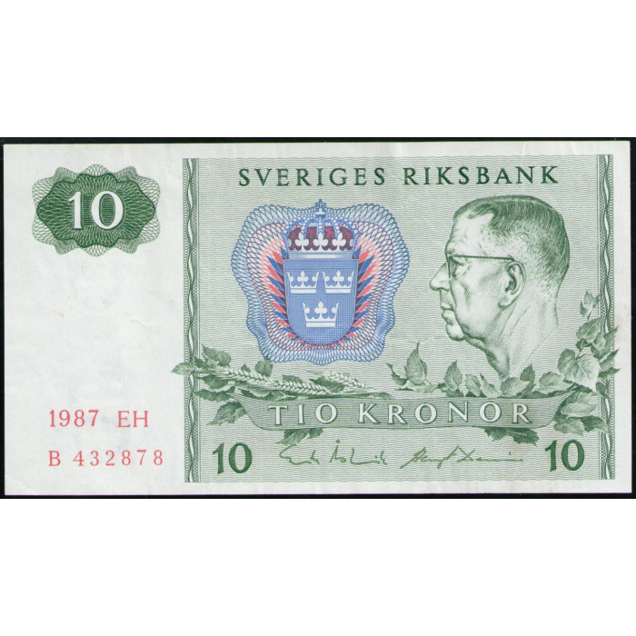 Швеция 10 Крон 1987 год , VF, Король Густав Адольф 6 , Северное сияние