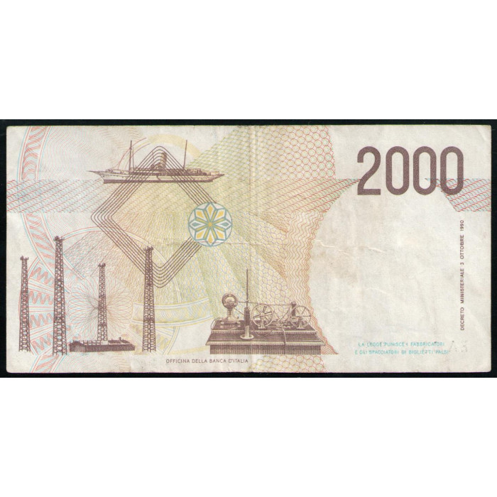 Италия 2000 Лир 1990 год , Гульельмо Маркони , Яхта Маркони , Телеграф