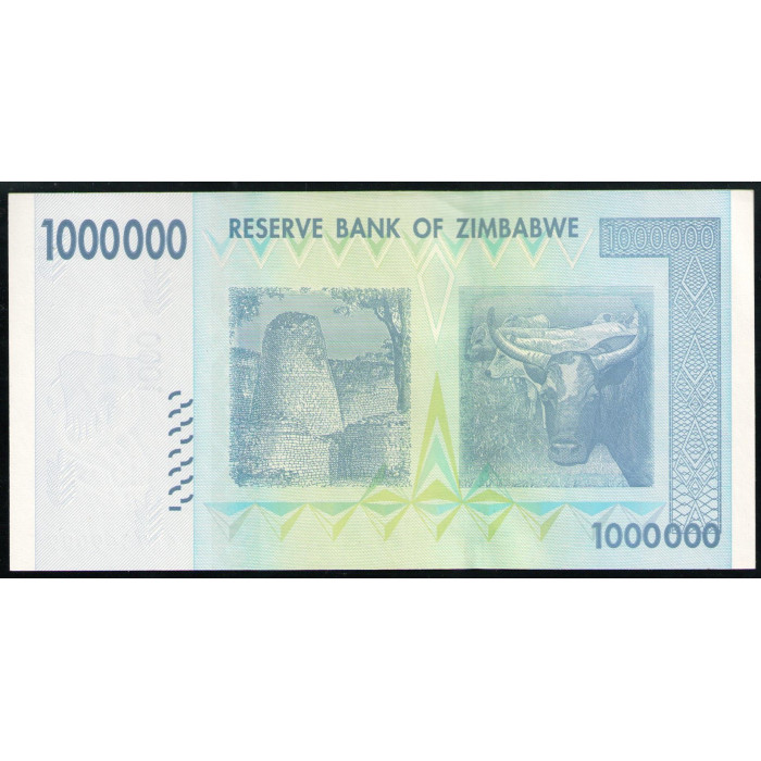 Зимбабве 1000000 Долларов 2008 год, UNC , Балансирующие скалы Чиремба , Руины Великого Зимбабве, Корова