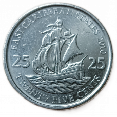Восточные Карибы 25 центов 2010 год, Золотая лань Военный корабль , Королева Елизавета 2
