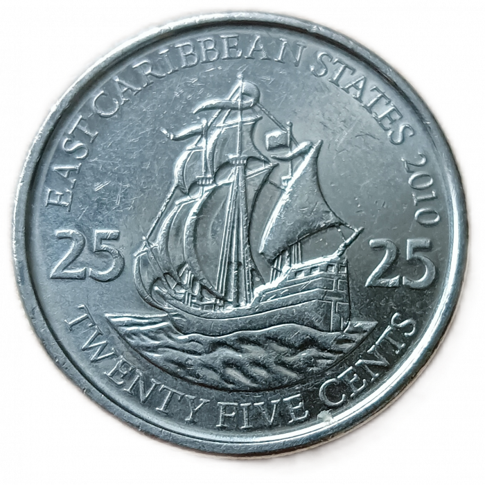 Восточные Карибы 25 центов 2010 год, Золотая лань Военный корабль , Королева Елизавета 2