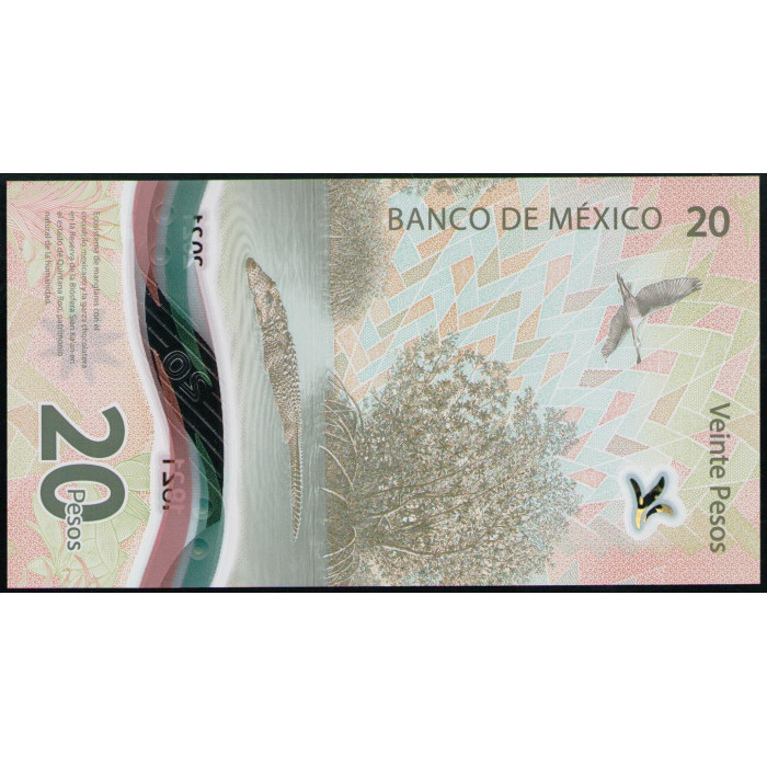 Мексика 20 Песо 2021 год , UNC, 200 лет независимости Мексики, Флаг Мекики, Мексиканский крокодил 