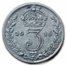 Великобритания 3 Пенса 1919 год , Король Георг 5 , Серебро