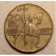 Чехия 20 Крон 1999 год , Герб страны , Коронованный лев , Памятник святому Вацлаву