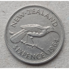 Новая Зеландия 6 Пенсов 1964 год , Птица гуйя , Елизавета 2