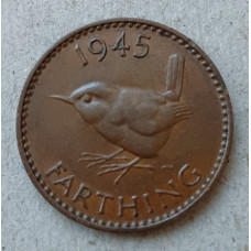 Великобритания 1 Фартинг 1945 год , Птица Крапивник , Король Георг 6
