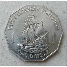 Восточные Карибы 1 Доллар 1991 год, Золотая лань , Военный корабль , Королева Елизавета 2