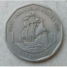 Восточные Карибы 1 Доллар 2002 год, Золотая лань , Военный корабль , Королева Елизавета 2