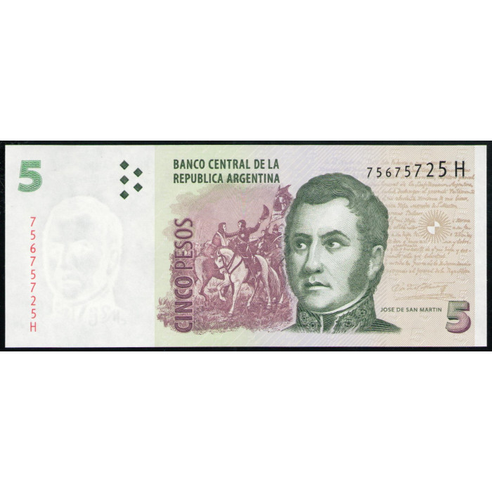 Аргентина 5 Песо 2003 год UNC , Генерал Хосе де Сан Мартин, Мемориальный памятник Армии Анд
