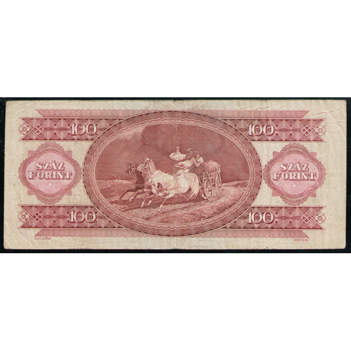 Венгрия 100 Форинтов 1980 год , Лайош Кошут , Конная карета с картины Укрылись от бури