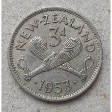 Новая Зеландия 3 Пенса 1953 год , Перекрещенные пату, Елизавета 2