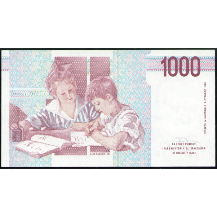 Италия 1000 Лир 1990 год , UNC, Мария Монтессори