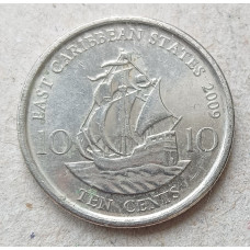 Восточные Карибы 10 Центов 2009 год , Золотая лань , Военный корабль , Королева Елизавета 2