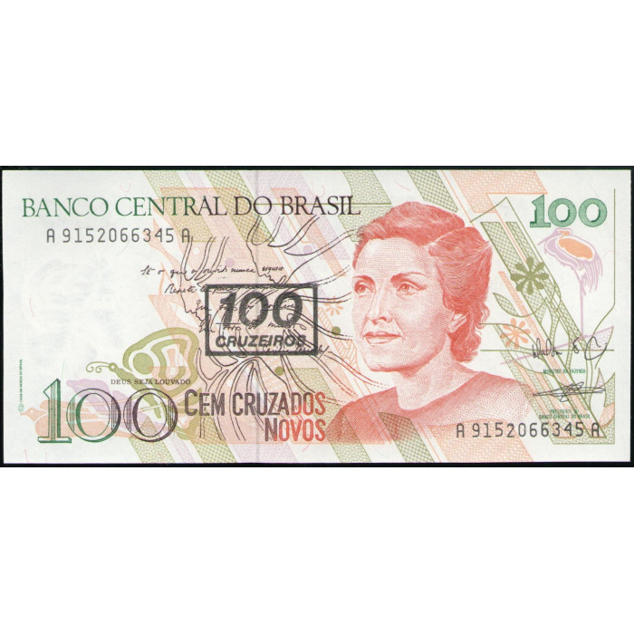 Бразилия 100 Крузейро 1990 год , UNC , Надпечатка