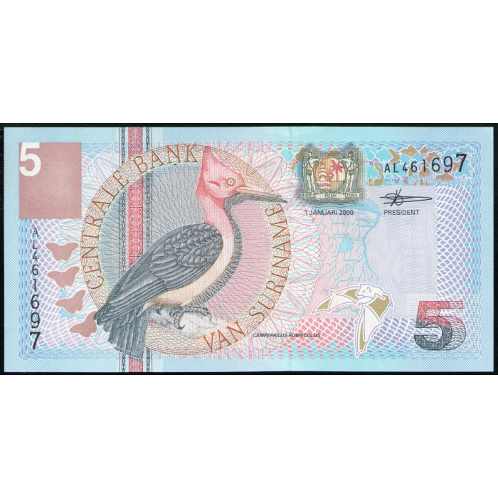 Суринам 5 Гульденов 2000 год , UNC, Красношейный дятел , Здание Центрального банка , Парамарибо