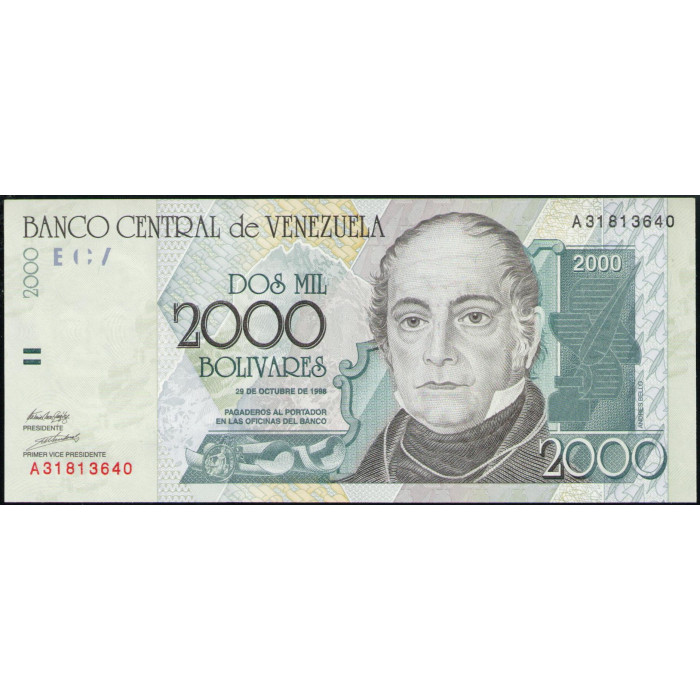 Венесуэла 2000 Боливар 1998 год , UNC , Андрес Белло , Растение Эспелетия, Пик Боливар