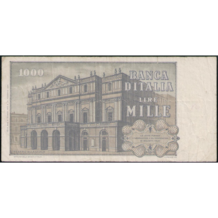 Италия 1000 Лир 1975 год , Джузеппе Верди , Театр Ла Скала , Милан