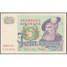 Швеция 5 Крон 1966 год , UNC , Густав 1 Ваза 