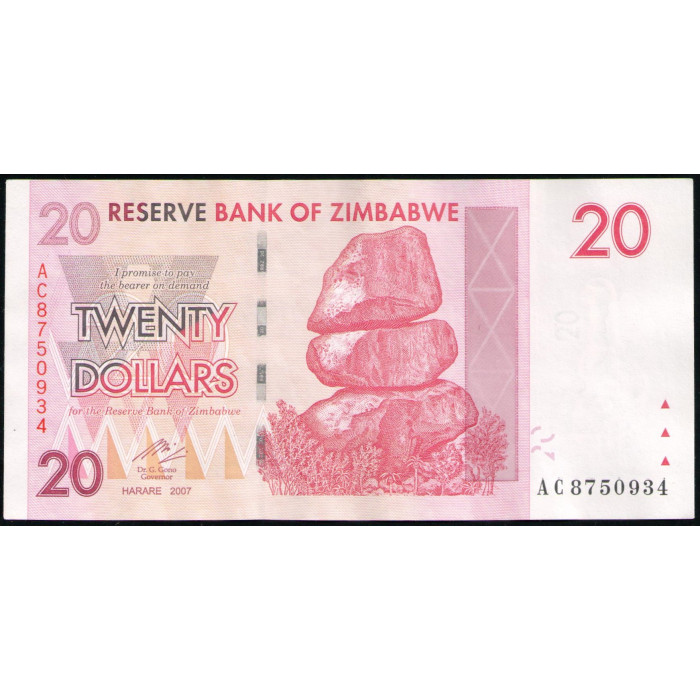 Зимбабве 20 Долларов 2007 год , XF, Балансирующие скалы Чиремба 